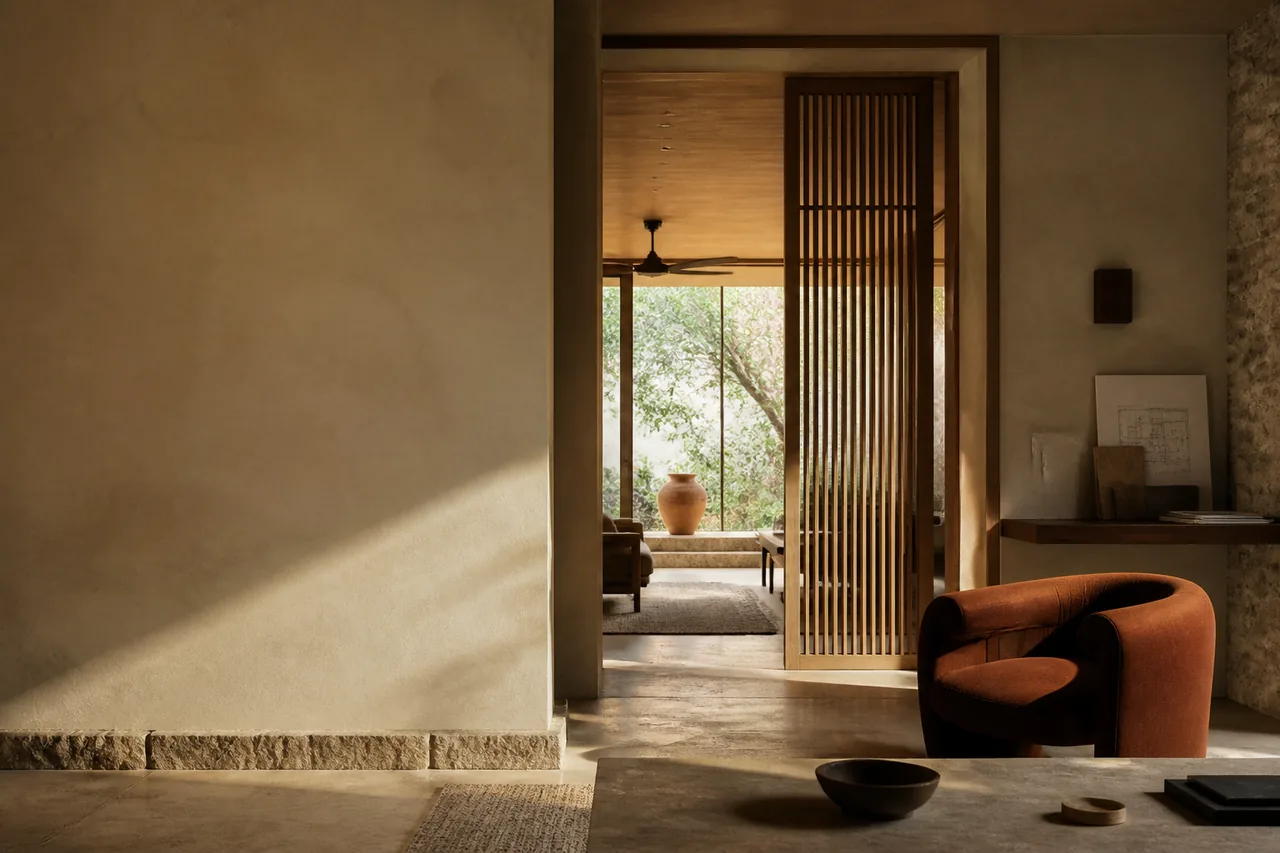 Warm, contemporary interior shaped by architecture and natural materials