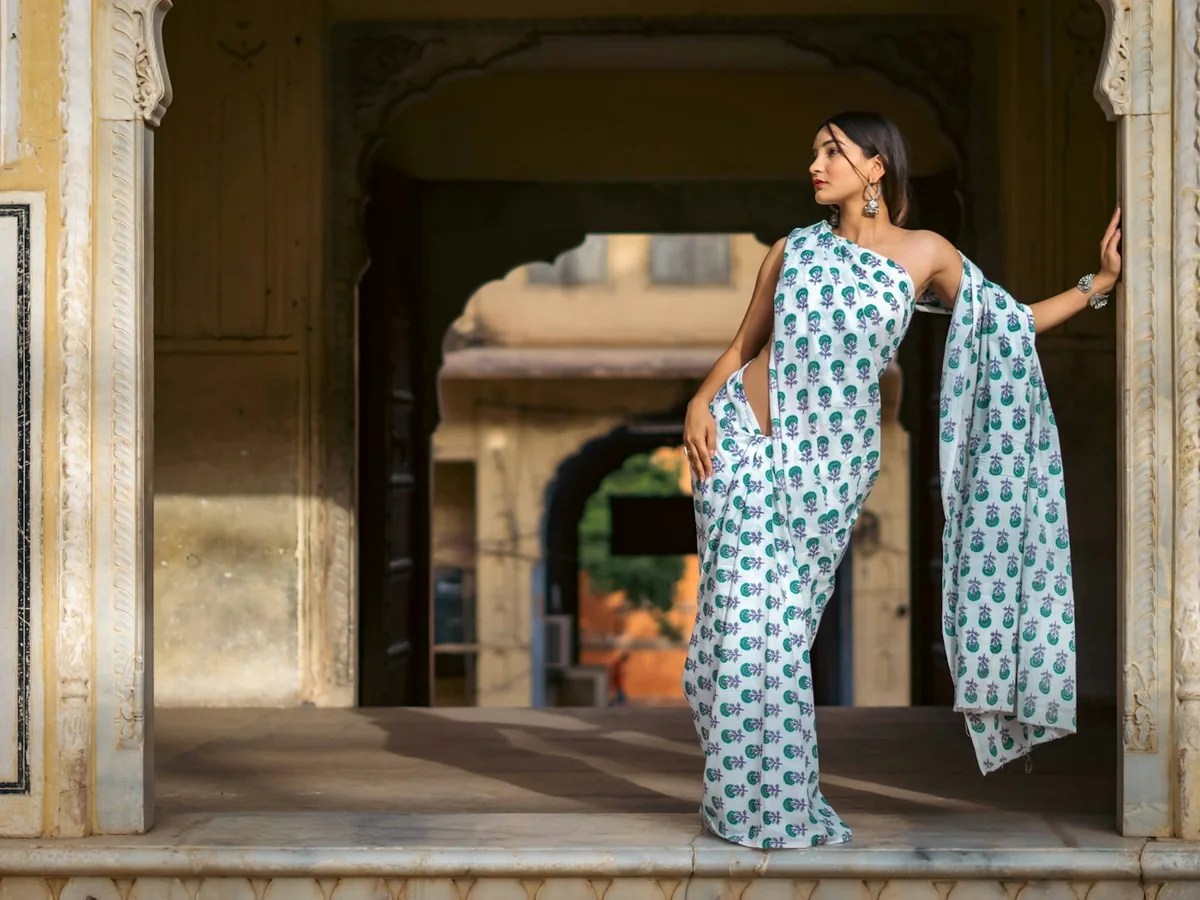 Representative designer saree boutique photography for the fictional product Aster Printed Silk Saree