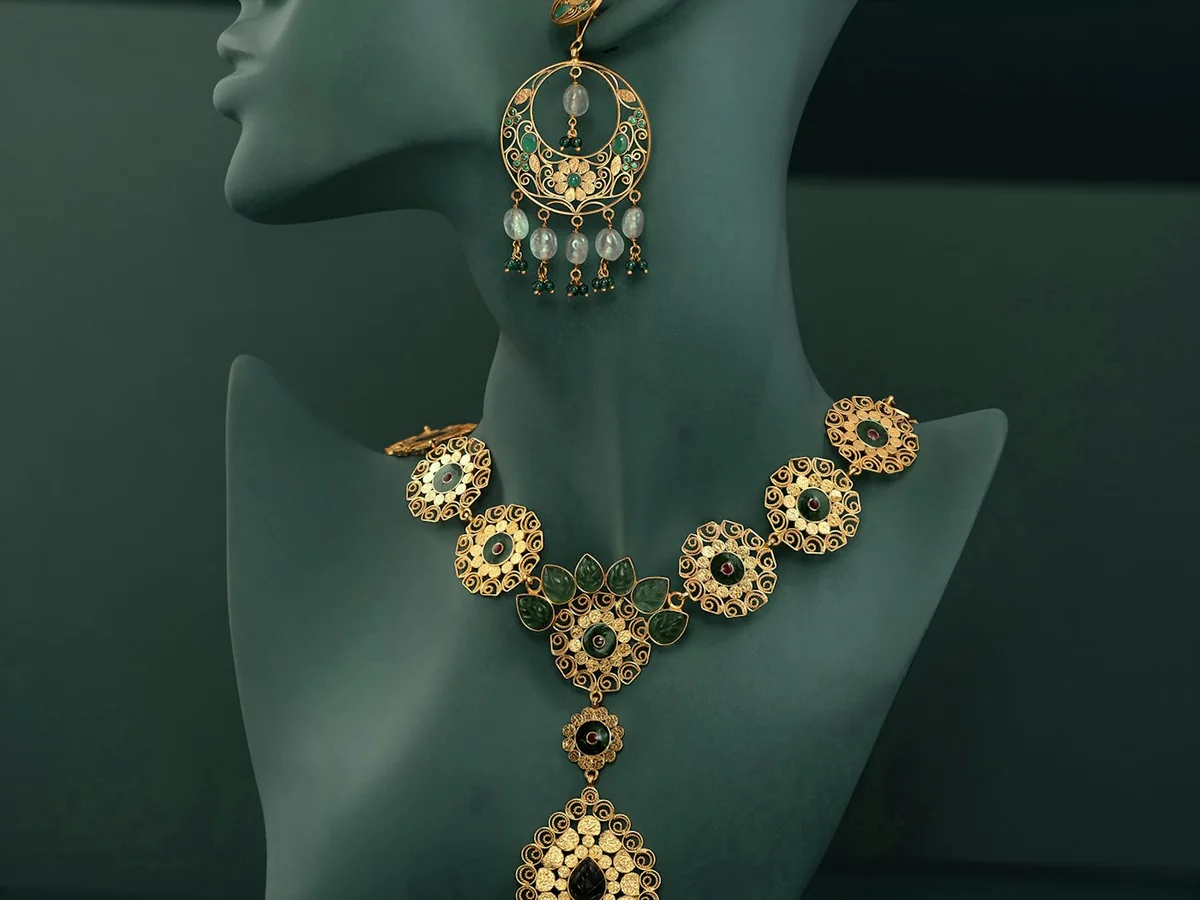 Representative gold jewellery store photography for the fictional product Lakshmi Temple Necklace