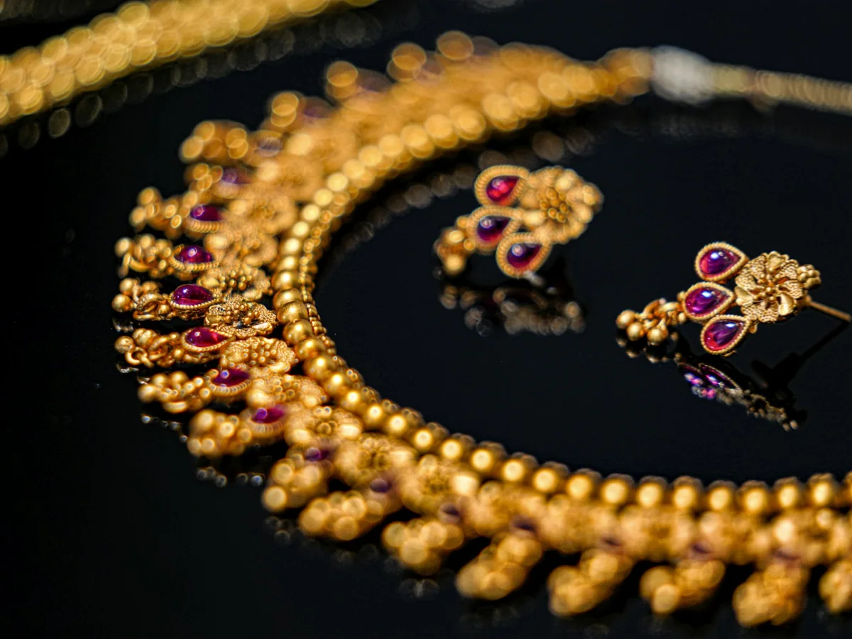 Representative gold jewellery store photography for the fictional product Aarohi Gold Bangles