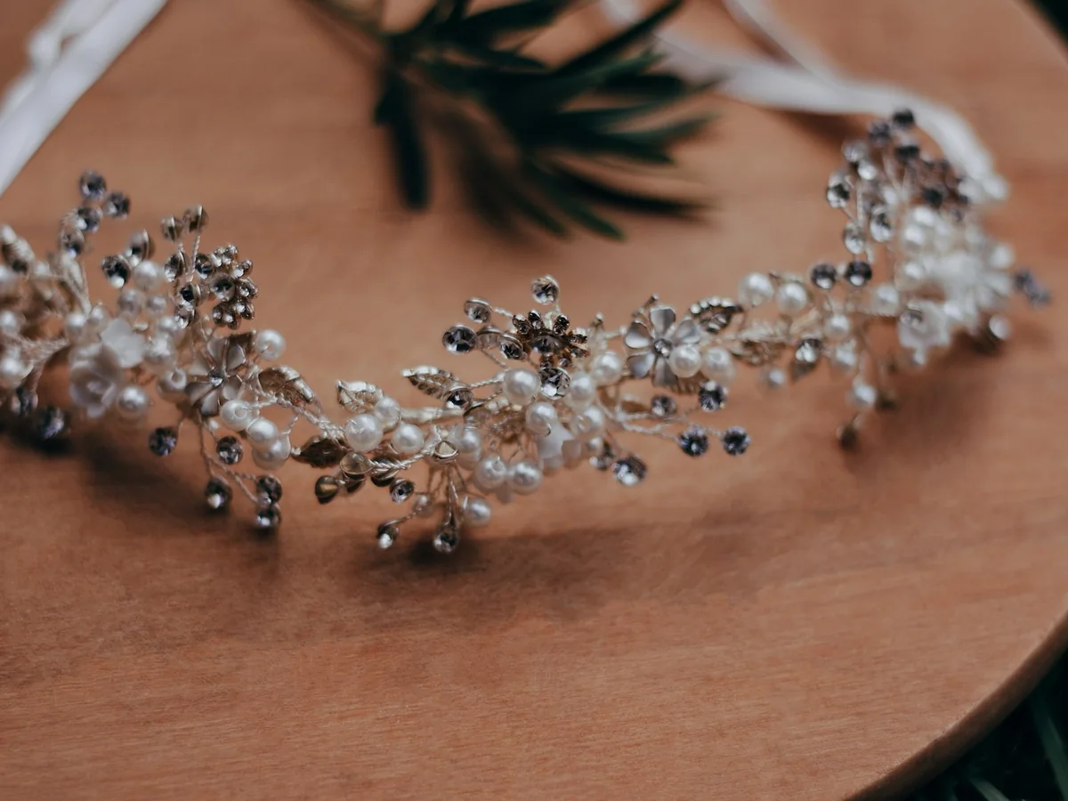 Representative hair accessories photography for the fictional product Beaded Bridal Headband