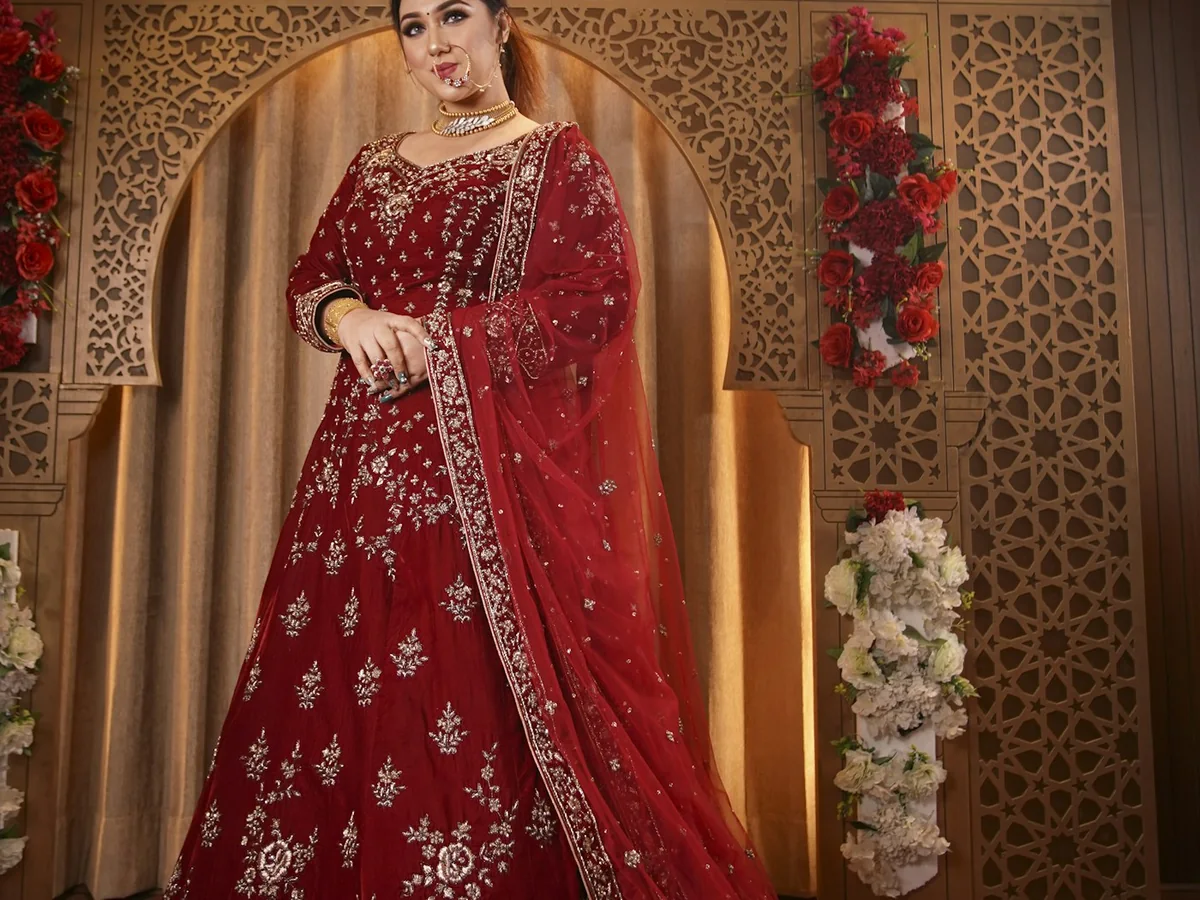 Representative lehenga and bridal wear photography for the fictional product Rani Jewel-tone Lehenga