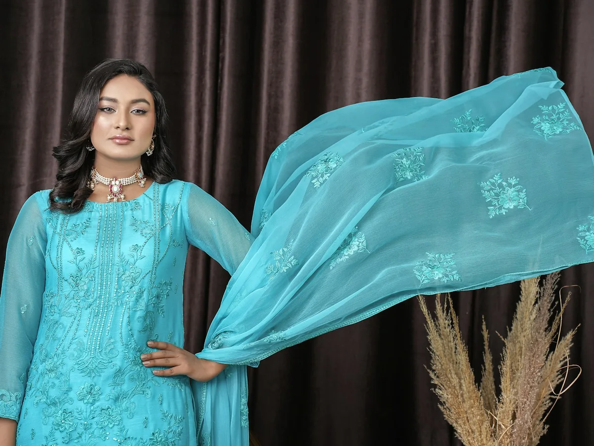 Representative salwar suit store photography for the fictional product Aayat Georgette Set