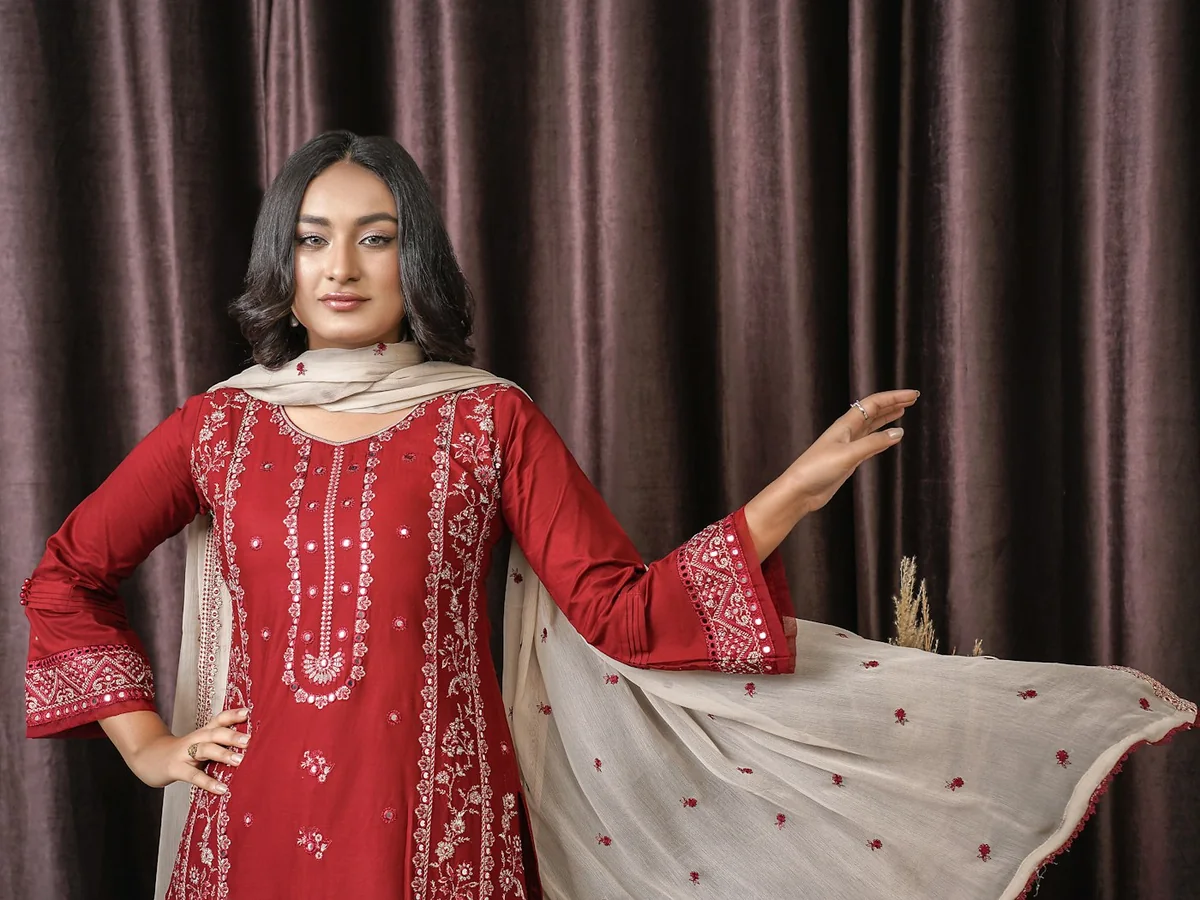 Representative salwar suit store photography for the fictional product Mehr Zari Salwar Set