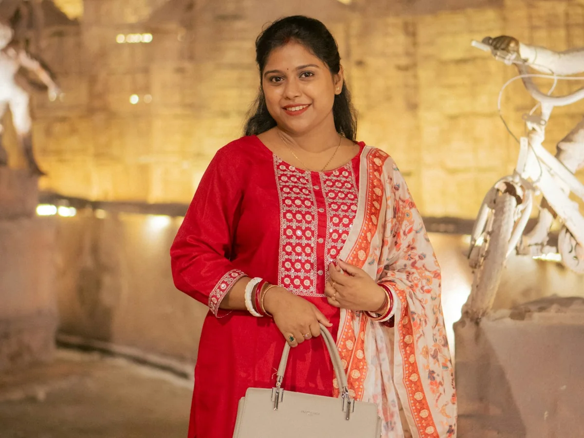 Representative salwar suit store photography for the fictional product Savera Silk Suit