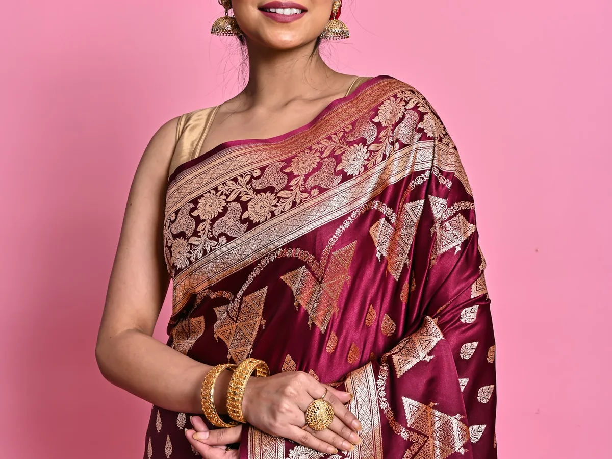 Representative saree shop photography for the fictional product Noor Banarasi Silk Saree
