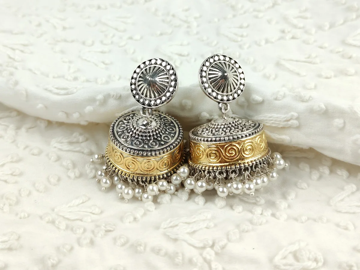 Representative silver jewellery store photography for the fictional product Oxidised Jhumka Pair