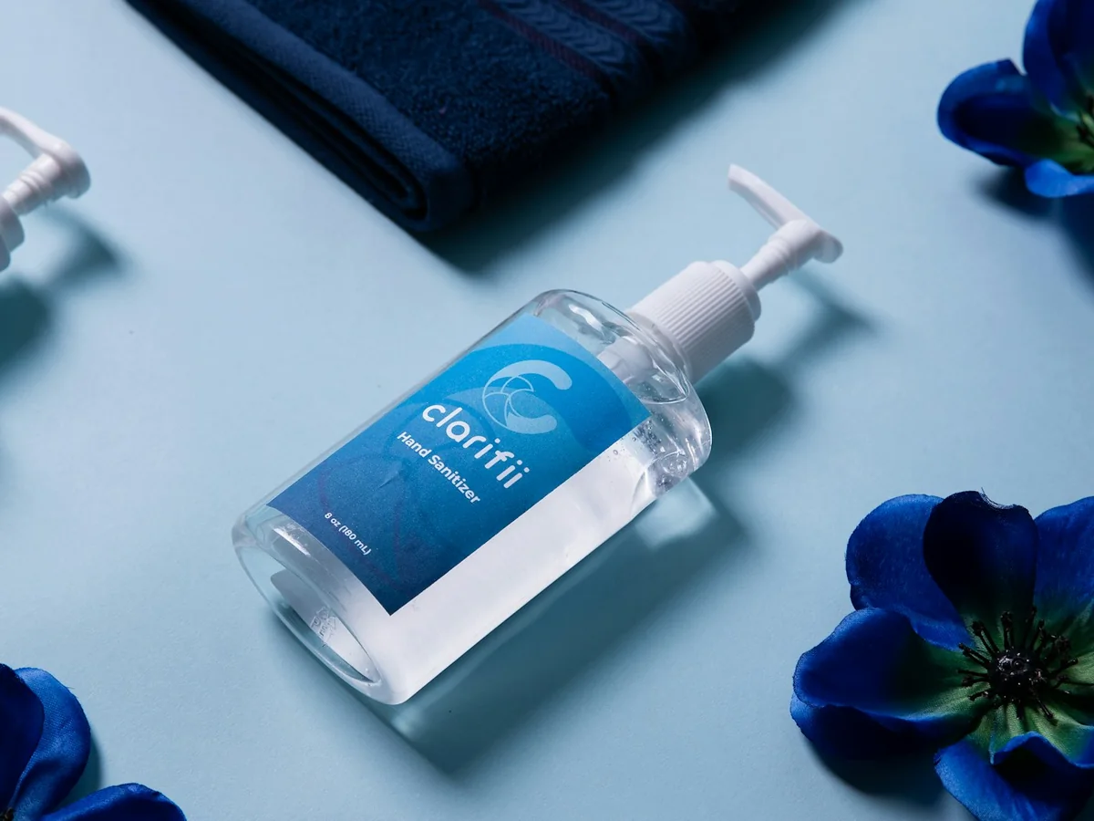 Representative skincare brand photography for the fictional product Clarity Treatment Gel