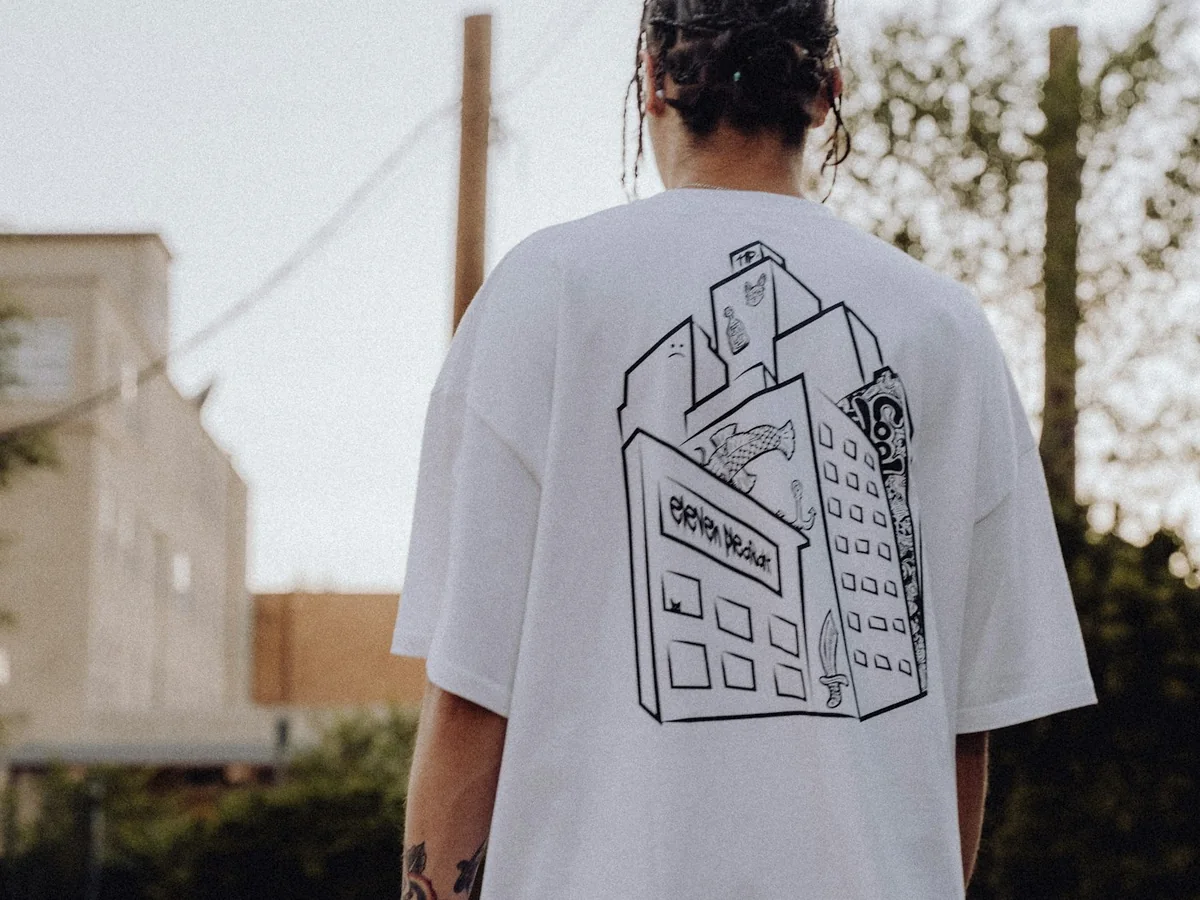 Representative streetwear brand photography for the fictional product Block 91 Signal Tee