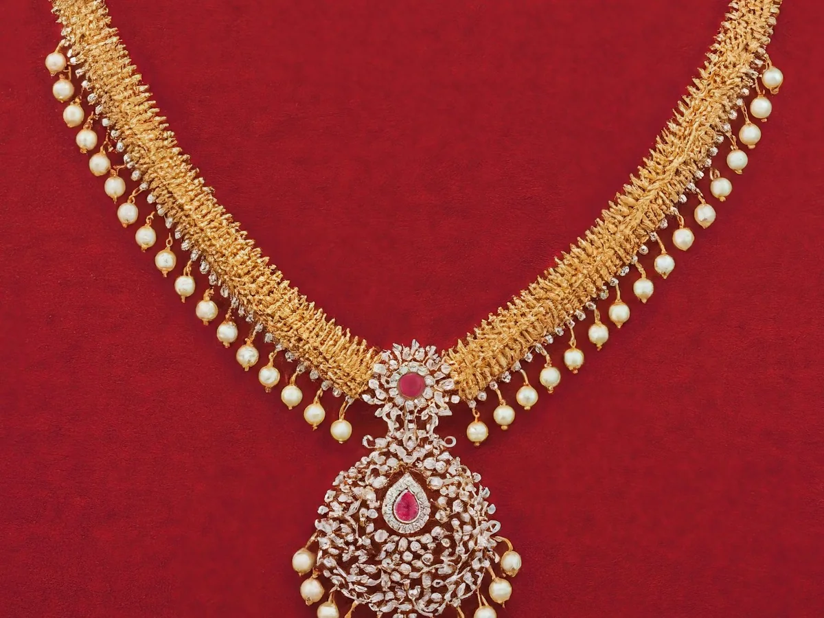 Representative temple jewellery photography for the fictional product Lakshmi Temple Necklace