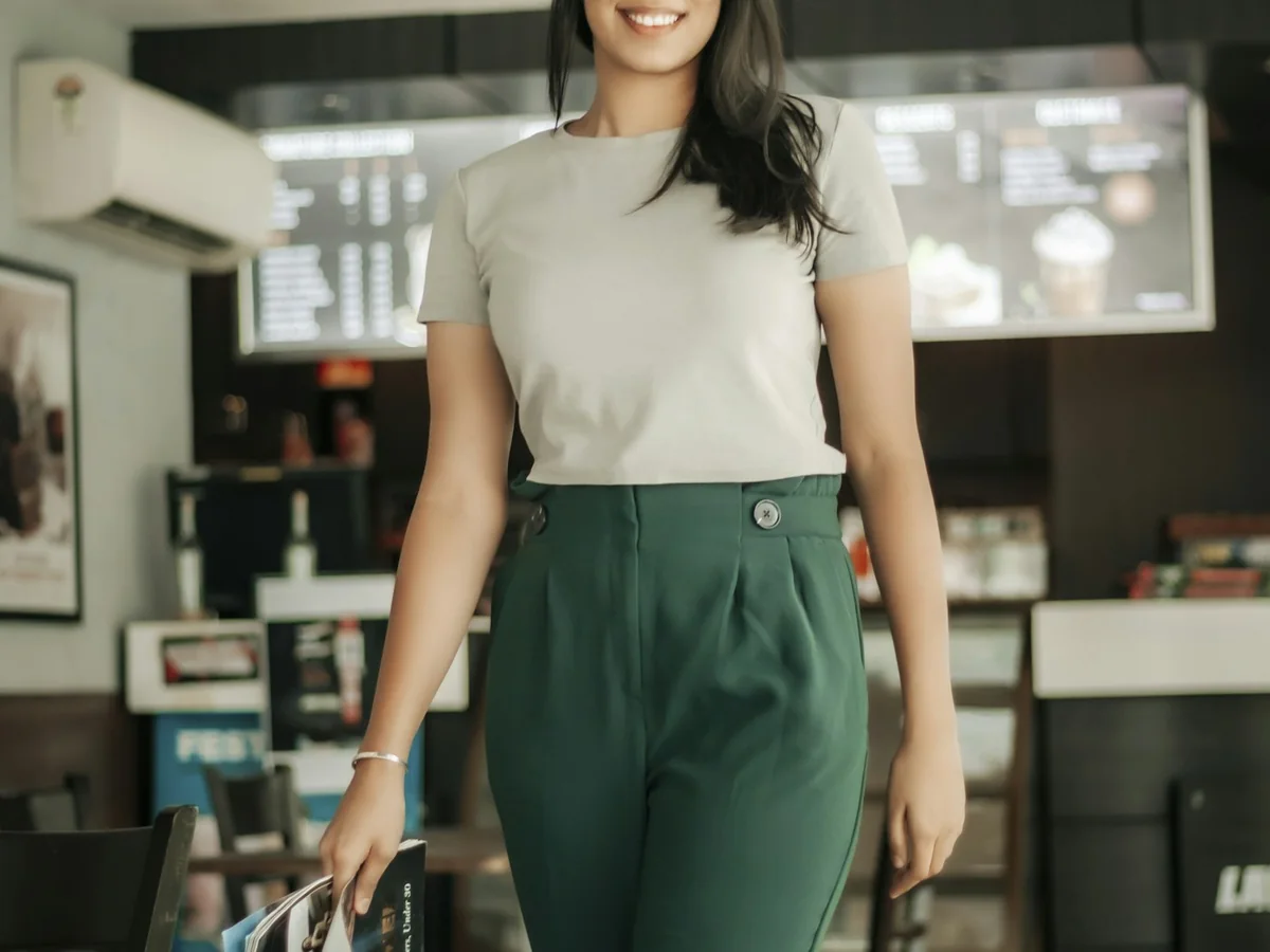 Representative school and corporate uniforms photography for the fictional product Corporate Tailored Trouser