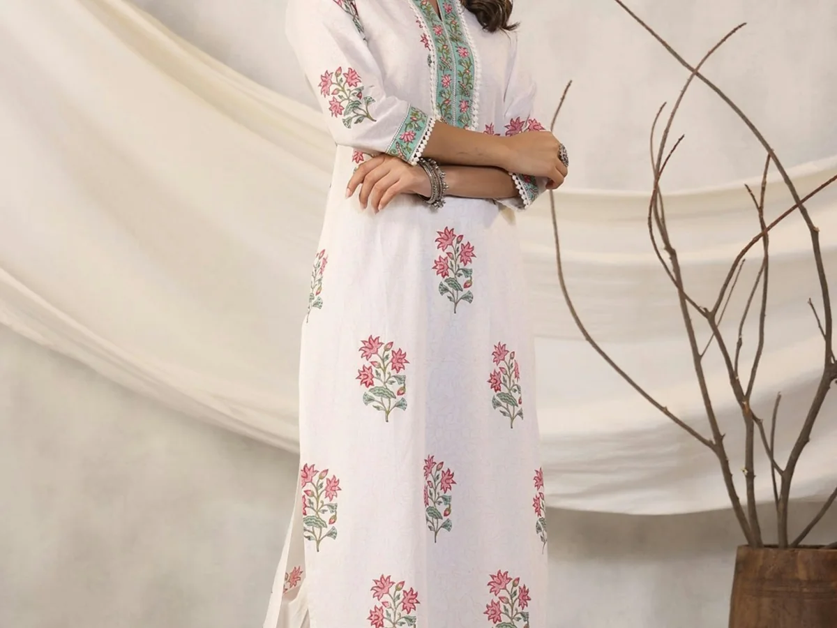 Representative women's ethnic wear photography for the fictional product Aira Cotton Kurta Set