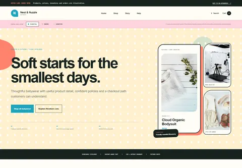 Essential coded baby clothing storefront home preview for Nest & Nuzzle