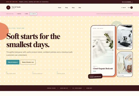Signature coded baby clothing storefront home preview for Nest & Nuzzle