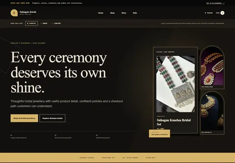 Essential coded bridal jewellery storefront home preview for Suhagan Jewels