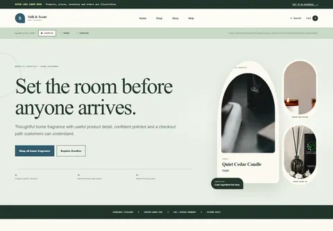 Essential coded candles and fragrance store storefront home preview for Still & Scent