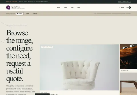 Essential coded catalogue and quote store storefront home preview for Specify Works