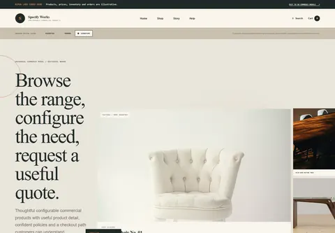 Signature coded catalogue and quote store storefront home preview for Specify Works