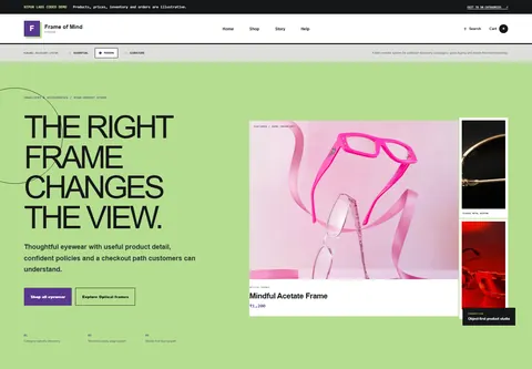 Modern coded sunglasses and eyewear storefront home preview for Frame of Mind