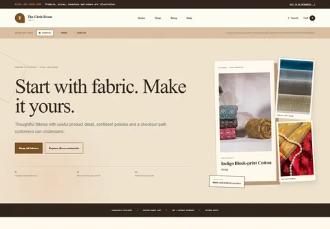 Essential coded fabric and textile store storefront home preview for The Cloth Room