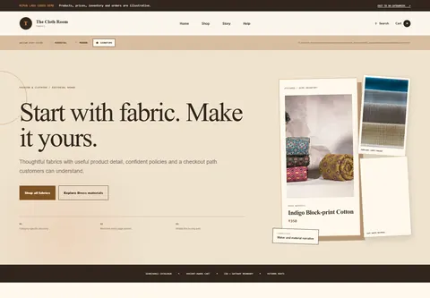 Signature coded fabric and textile store storefront home preview for The Cloth Room