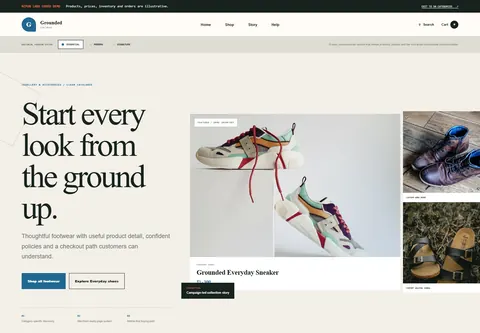 Essential coded footwear store storefront home preview for Grounded