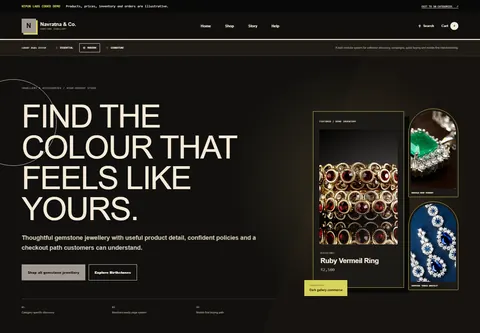 Modern coded gemstone jewellery storefront home preview for Navratna & Co.
