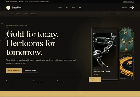 Signature coded gold jewellery store storefront home preview for Suvarna House
