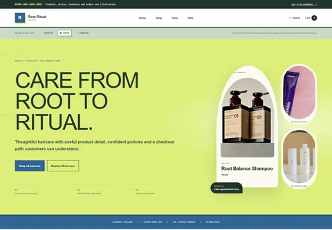 Modern coded haircare products storefront home preview for Root Ritual