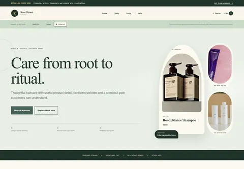 Signature coded haircare products storefront home preview for Root Ritual