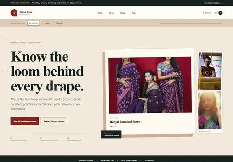 Essential coded handloom saree store storefront home preview for Taana Bana