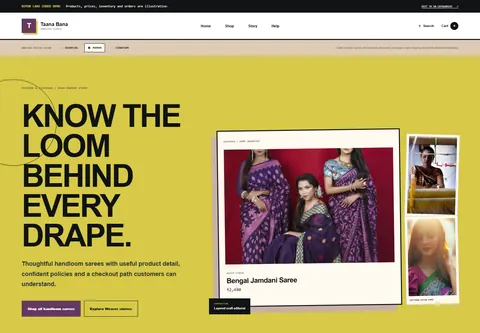 Modern coded handloom saree store storefront home preview for Taana Bana