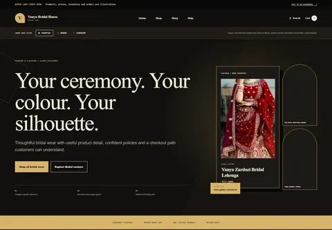 Essential coded lehenga and bridal wear storefront home preview for Vanya Bridal House