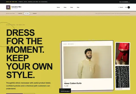Modern coded men's ethnic wear storefront home preview for Sutradhar Men