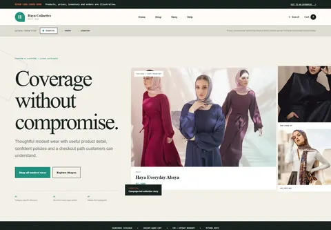 Essential coded modest fashion storefront home preview for Haya Collective