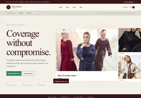 Signature coded modest fashion storefront home preview for Haya Collective