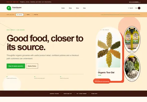Essential coded organic grocery store storefront home preview for Field Basket