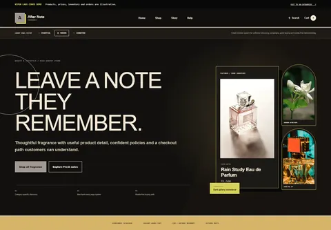 Modern coded perfume store storefront home preview for After Note