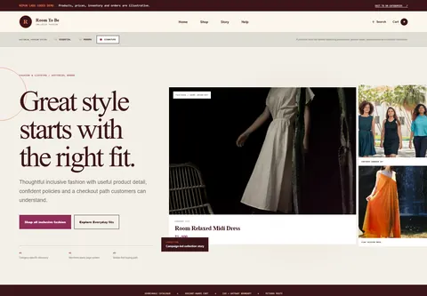 Signature coded plus-size fashion storefront home preview for Room To Be
