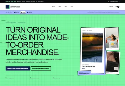 Modern coded print-on-demand store storefront home preview for Common Press