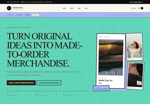 Signature coded print-on-demand store storefront home preview for Common Press