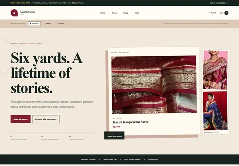 Essential coded saree shop storefront home preview for Aavriti Sarees