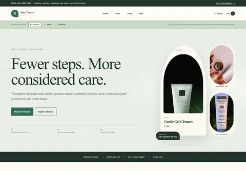 Essential coded skincare brand storefront home preview for Dew Theory