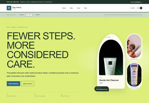 Modern coded skincare brand storefront home preview for Dew Theory
