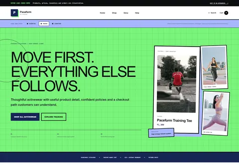 Modern coded sportswear and activewear storefront home preview for Paceform