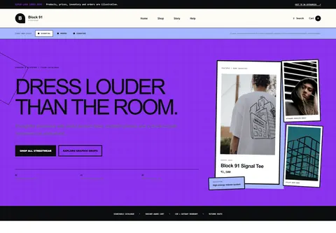 Essential coded streetwear brand storefront home preview for Block 91