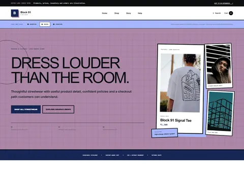 Modern coded streetwear brand storefront home preview for Block 91