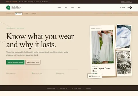 Essential coded sustainable fashion brand storefront home preview for Kindred Earth