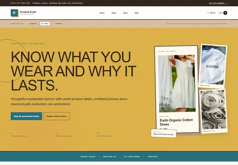 Modern coded sustainable fashion brand storefront home preview for Kindred Earth