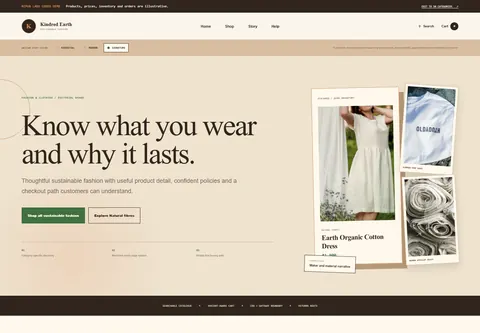 Signature coded sustainable fashion brand storefront home preview for Kindred Earth